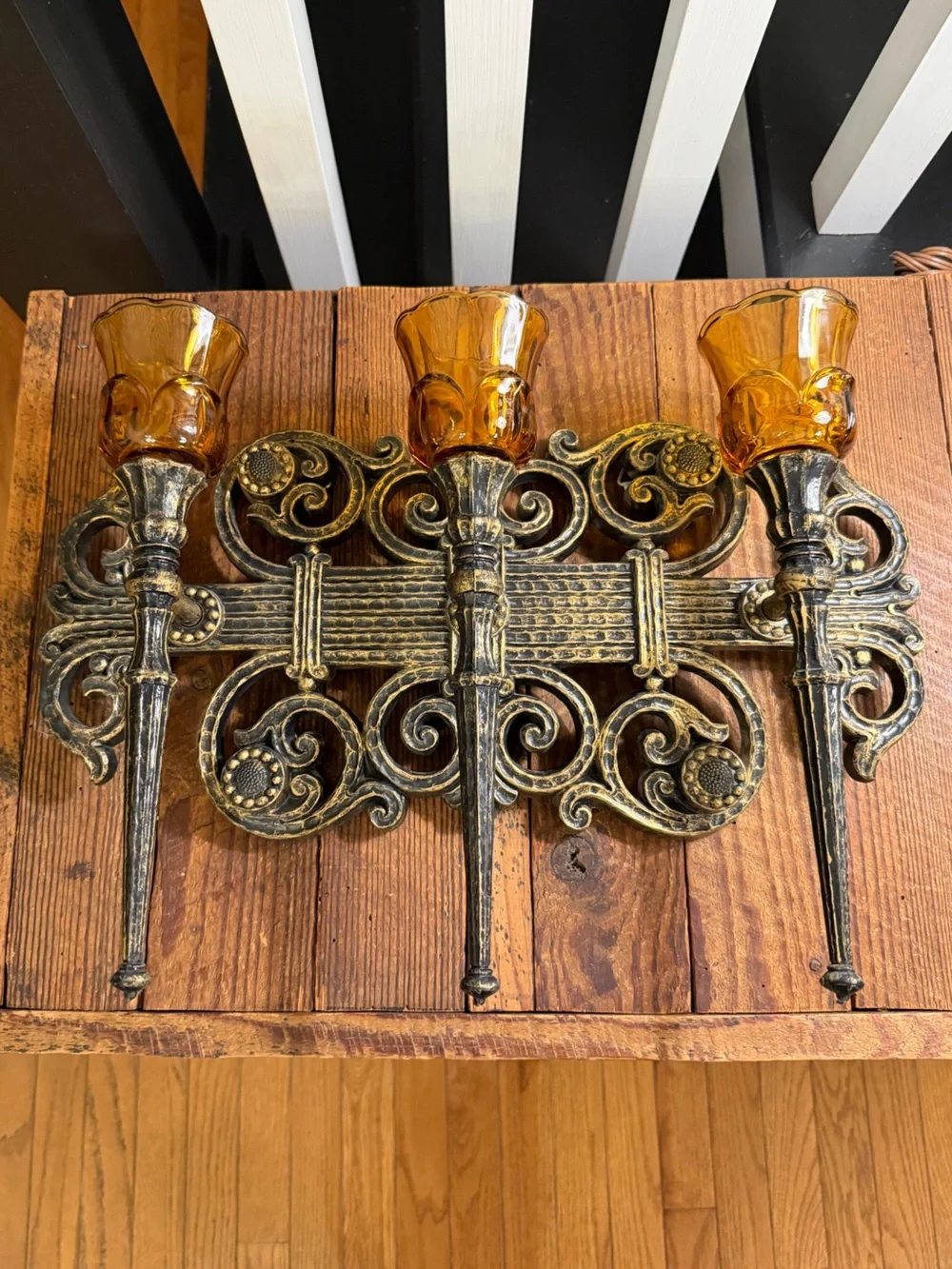 Vintage BOHO Gothic Farmhouse Amber Glass Triple Candle Wall Sconce